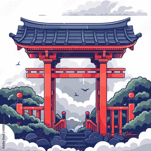 Japanese gate in the park. Vector illustration in flat cartoon style.