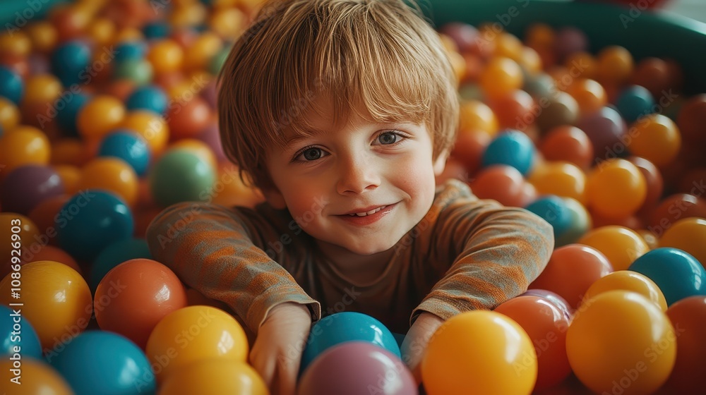 A happy child plays in a ball pit. This photo is perfect for illustrating articles about childhood development, play, or fun. A happy child plays in a ball pit. This photo is perfect for illustrating articles about childhood development, play, or fun.