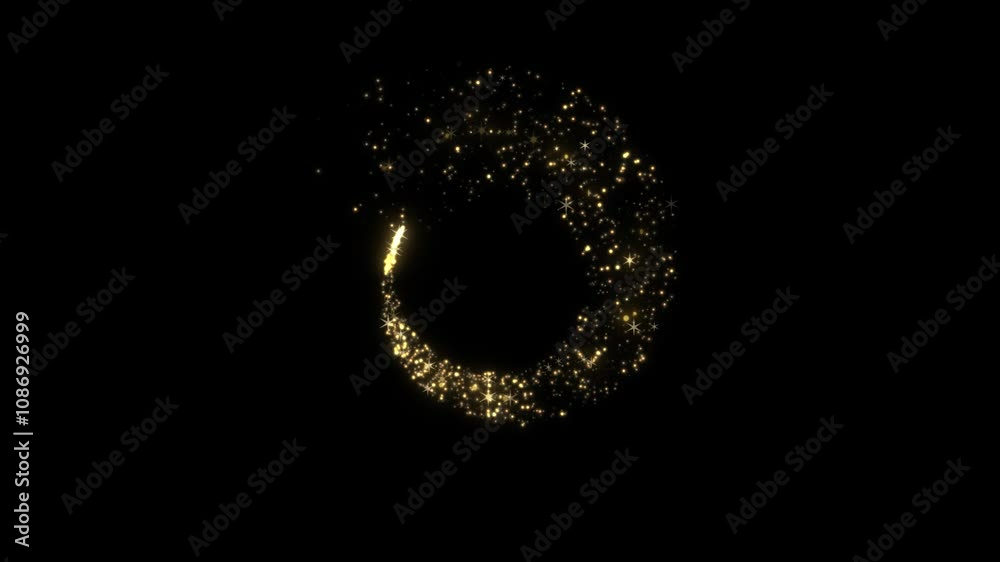 Circle of magic beads. Magic circle effect sparkling particles and snowflakes flying around isolated on black background