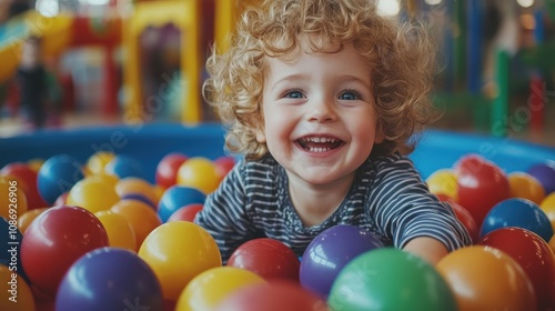 A happy child plays in a ball pit. This image is perfect for illustrating a story about childhood fun and play.