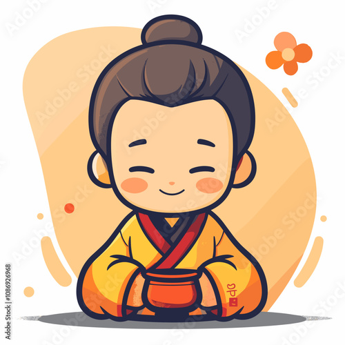 Cute Korean girl in kimono. Vector illustration.