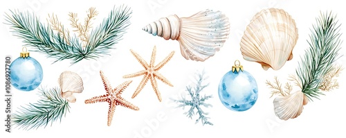 Coastal watercolor Christmas decor with seashells, starfish ornaments, and soft blue holiday accents