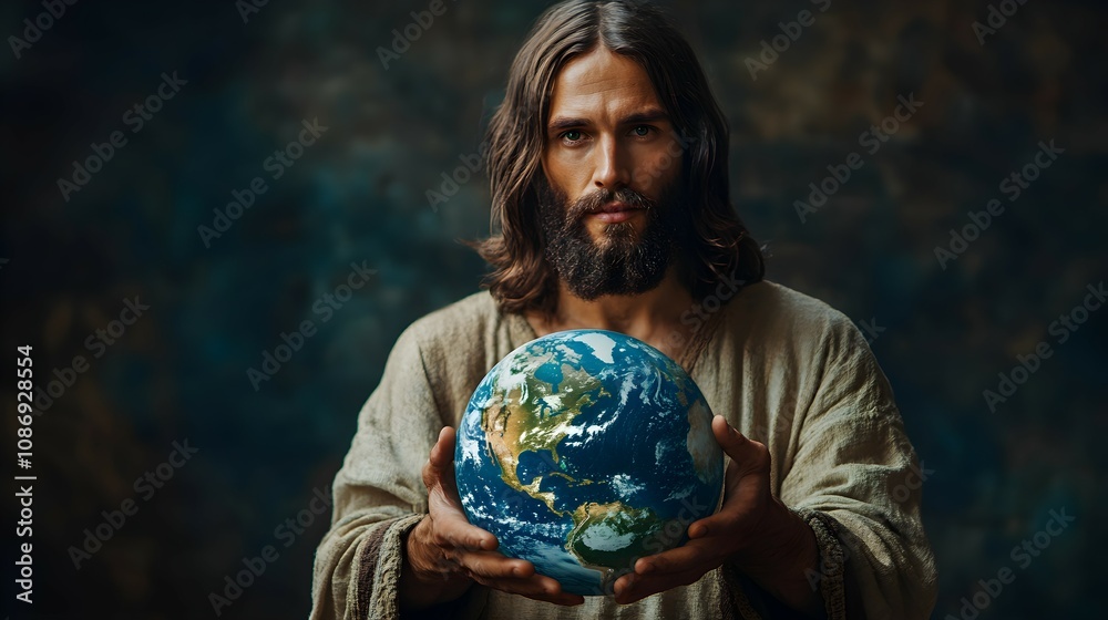 Naklejka premium Jesus Christ holds the globe in his hands. Christianity, the divine creation of the Earth