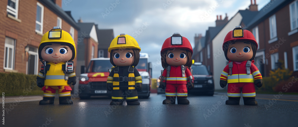 Fototapeta premium Animated firefighter characters pose confidently on a quiet suburban street, each wearing distinctive colorful uniforms and gear while surrounded by houses
