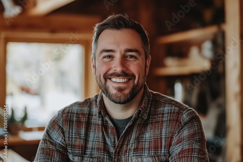 Smiling man in plaid shirt. Perfect for website about craftsmanship or construction.