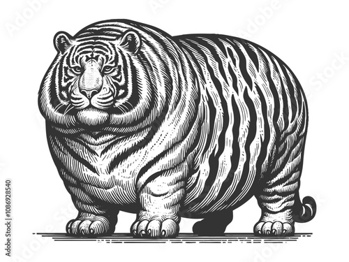 Fat chubby tiger with bold stripes and a playful demeanor, blending humor and artistic detail sketch engraving generative ai vector illustration. Scratch board imitation. Black and white image.