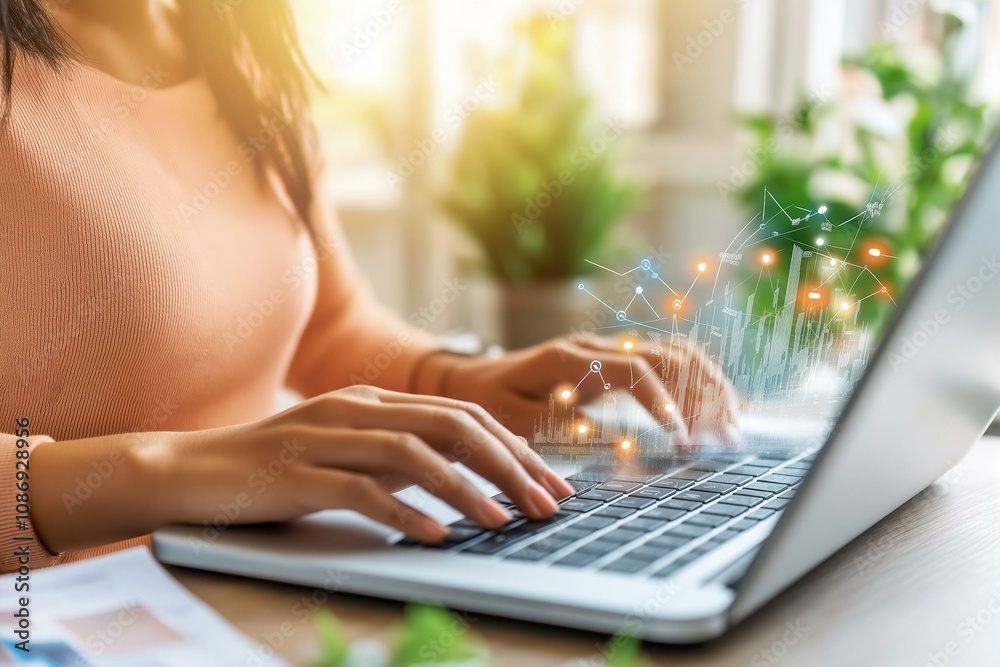 Naklejka premium A professional woman typing on a laptop, surrounded by greenery, showcasing modern technology and productivity.