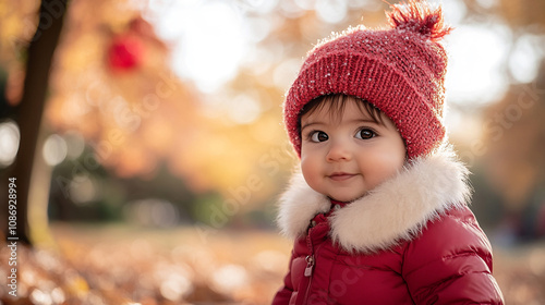 Cute baby wearing a red hat and coat enjoying autumn leaves in a sunny park