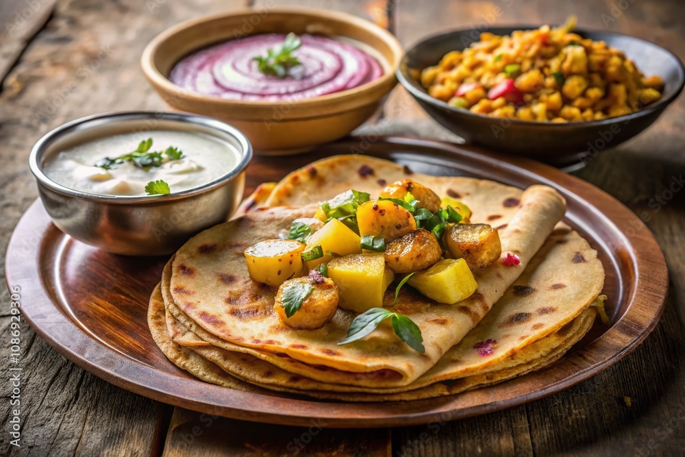 Aloo Paratha: Delicious Indian Flatbread Stuffed with Spiced Potatoes, Perfectly Served with Yogurt and Pickles, Highlighting Its Golden Brown Texture and Fresh Ingredients Aloo Paratha: Delicious Indian Flatbread Stuffed with Spiced Potatoes, Perfectly Served with Yogurt and Pickles, Highlighting Its Golden Brown Texture and Fresh Ingredients