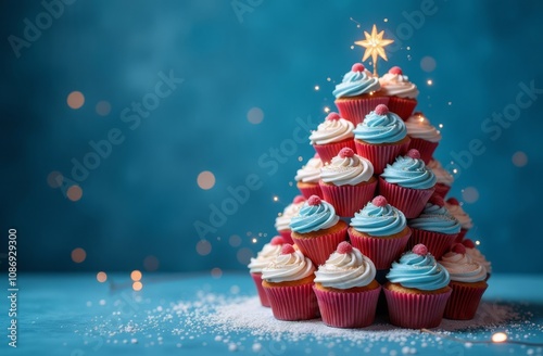 Festive blue cupcakes stacked in the shape of a Christmas tree, topped with creamy frosting, perfect for New Year celebrations, holiday treats, and creative dessert ideas for the winter season