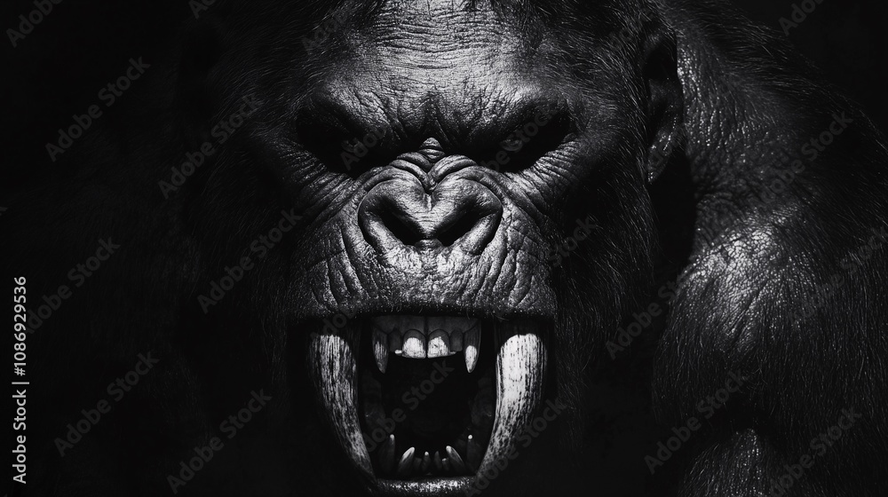 Fototapeta premium Close-up of an angry gorilla baring its fangs, captured dramatically in monochrome