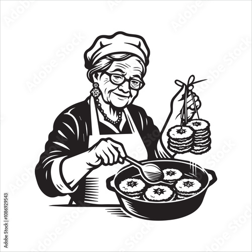 Grandmother's Delicious Treats - A Retro Black and White Illustration. Vintage-style illustration of a grandmother in a chef's hat and apron, meticulously preparing a batch of sweet treats.