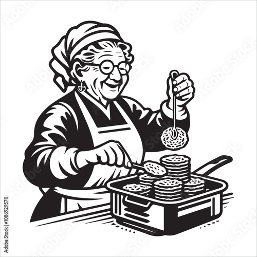 Grandmother's Delicious Treats - A Retro Black and White Illustration. Vintage-style illustration of a grandmother in a chef's hat and apron, meticulously preparing a batch of sweet treats.