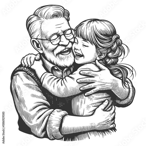 joyful grandfather embracing his smiling granddaughter, family love and generational bonds sketch engraving generative ai vector illustration. Scratch board imitation. Black and white image