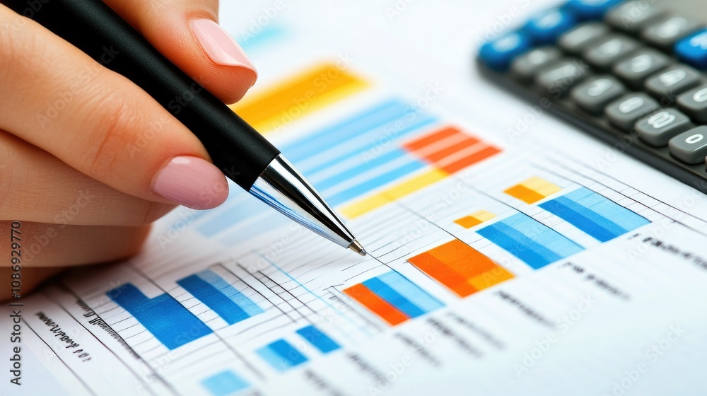 Close-up of businesswoman hand using a pen and calculator on an analytical report, emphasizing detailed financial analysis and planning for business goals. Close-up of businesswoman hand using a pen and calculator on an analytical report, emphasizing detailed financial analysis and planning for business goals.