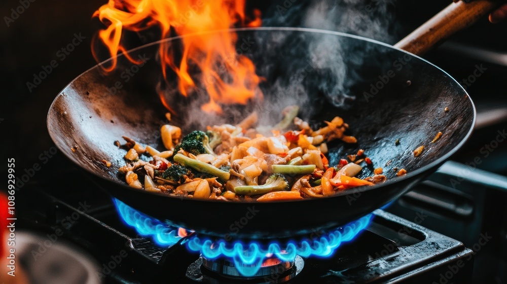 Stir-frying fresh vegetables home kitchen cooking action indoor environment close-up view culinary art Stir-frying fresh vegetables home kitchen cooking action indoor environment close-up view culinary art