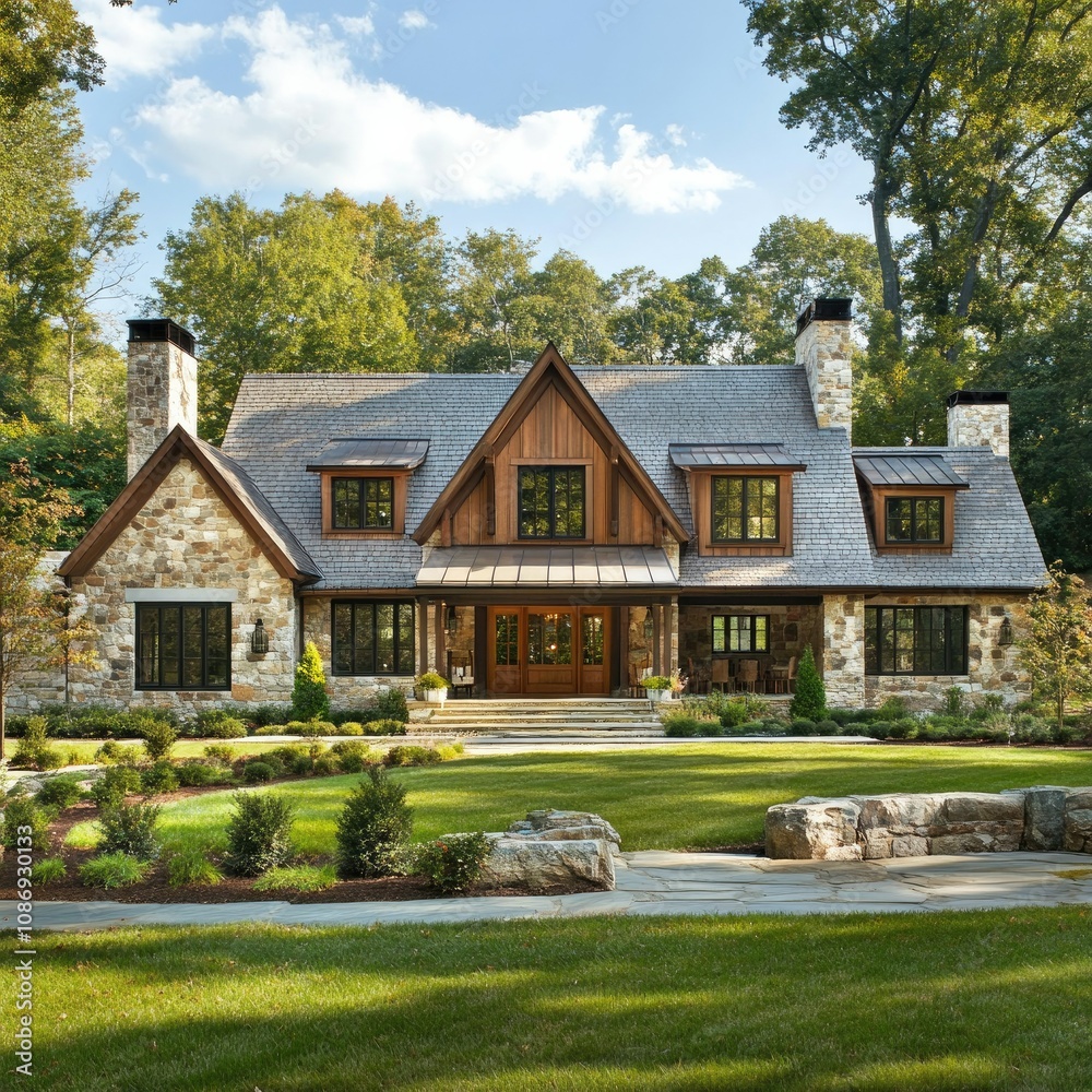 Country House Exterior with Wood Accents Country House Exterior with Wood Accents