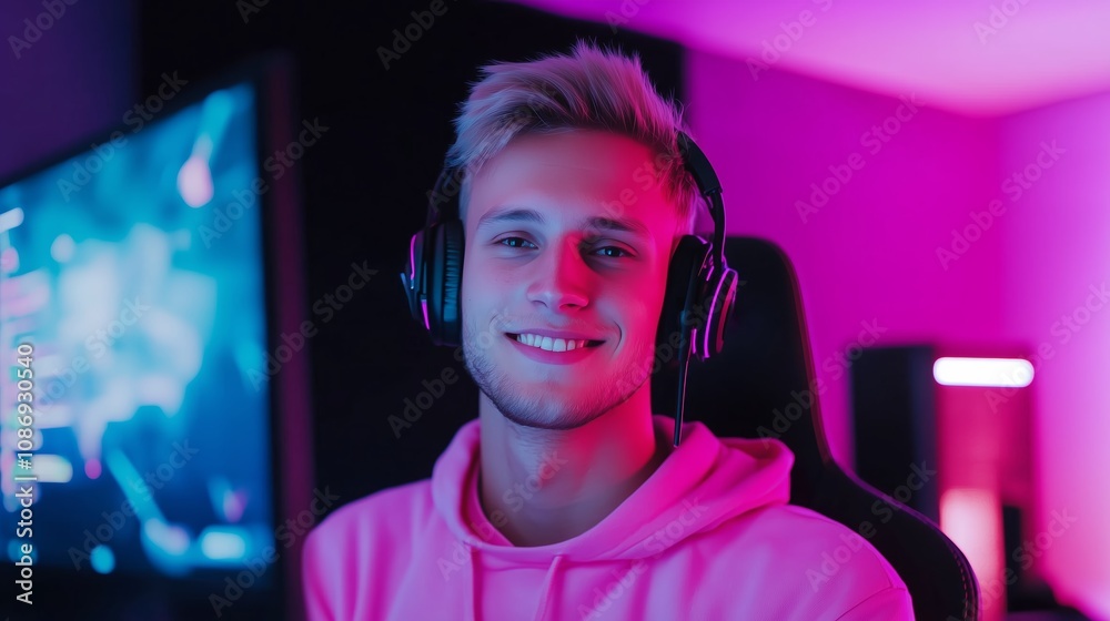 A young man wearing headphones smiles while gaming in a dimly lit room A young man wearing headphones smiles while gaming in a dimly lit room