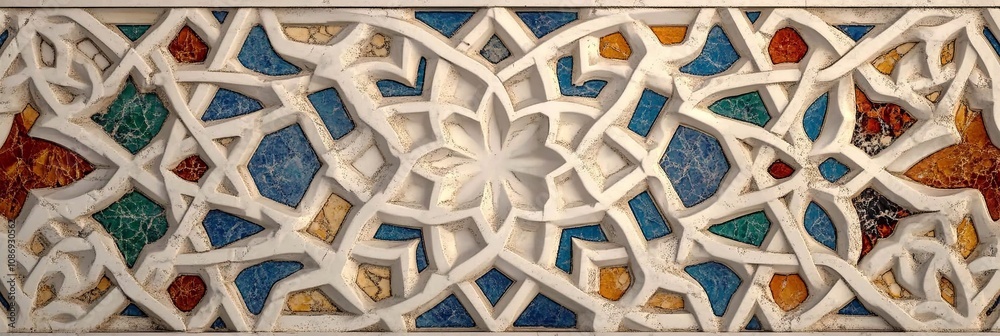 White Marble with Geometric Arabian Pattern, Islamic Art Decoration, Carved, Arabesque Design White Marble with Geometric Arabian Pattern, Islamic Art Decoration, Carved, Arabesque Design