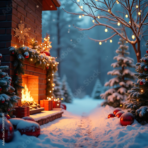 Christmas Decorated Home With Holiday Lighting, Snow by Ai 