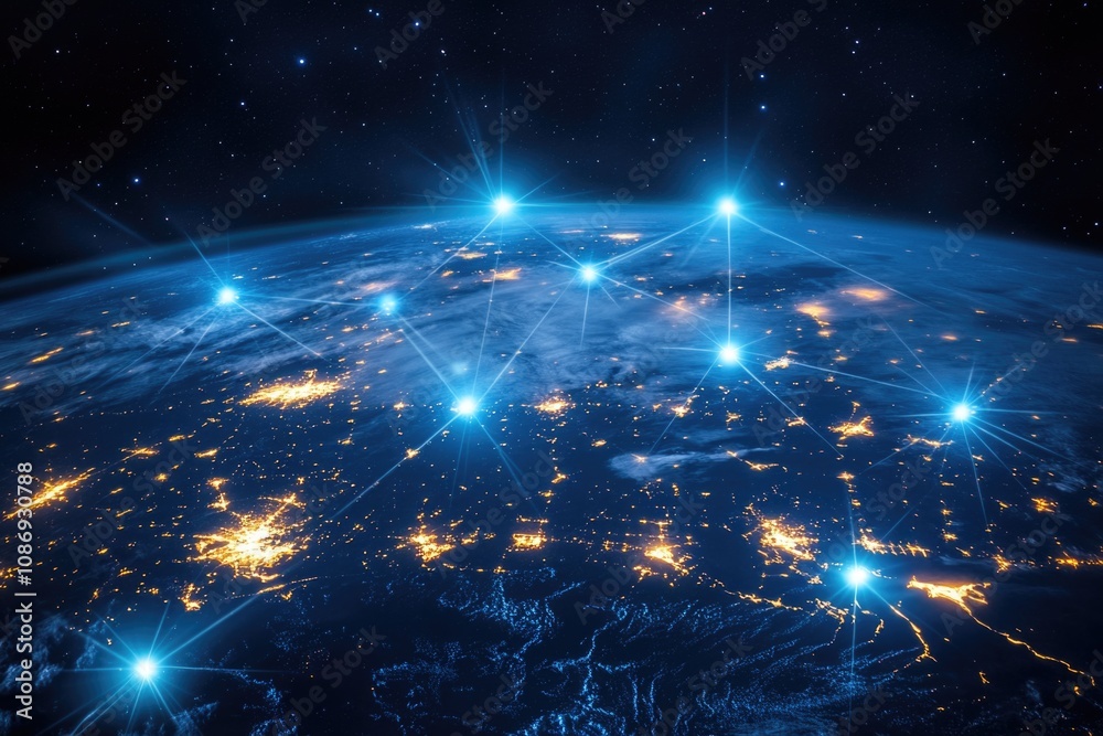 A global network concept with blue glowing lines connecting world trade and business at night. A global network concept with blue glowing lines connecting world trade and business at night.