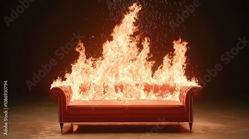 Fire engulfing couch in dramatic indoor setting high-impact visual dynamic scene abstract concept