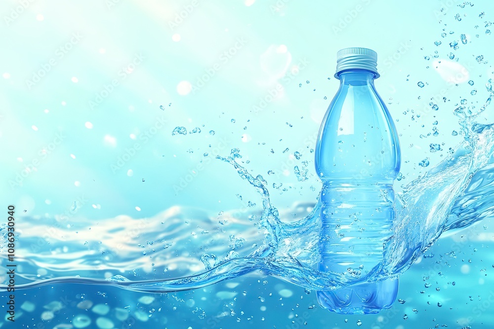 Vector advertising illustration of realistic plastic bottle in blue water with splash and space for text on background Vector advertising illustration of realistic plastic bottle in blue water with splash and space for text on background