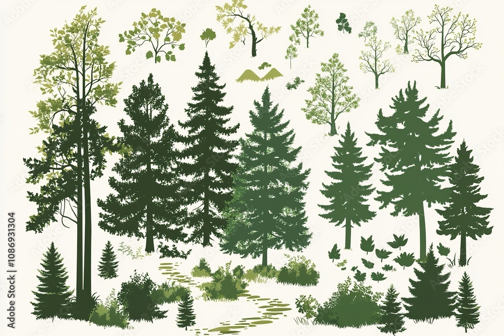 vector forest scene with various forest trees, vector a flat nature background, vector forest scene with hiking track and many trees vector forest scene with various forest trees, vector a flat nature background, vector forest scene with hiking track and many trees