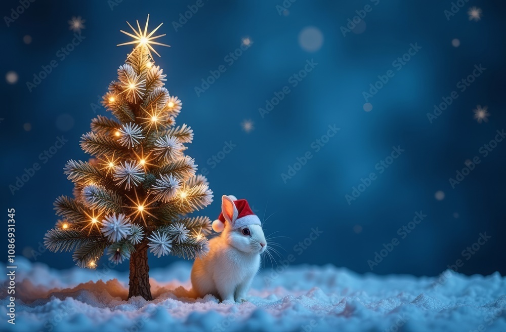 Fototapeta premium Christmas card with a Christmas tree and a rabbit in a Santa Claus hat