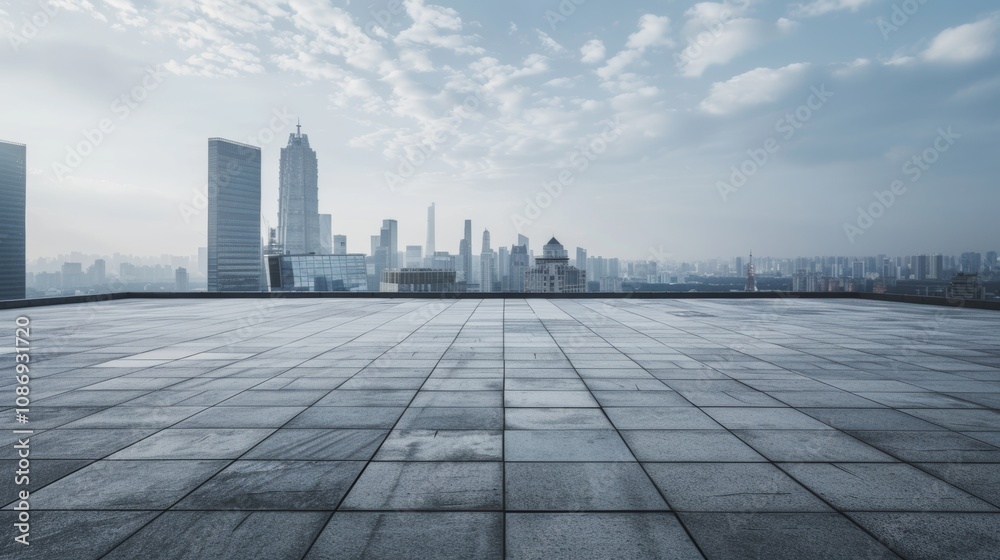 Empty square floor with city skyline background, Downtown Tranquility cityscape photography, midday lighting Empty square floor with city skyline background, Downtown Tranquility cityscape photography, midday lighting