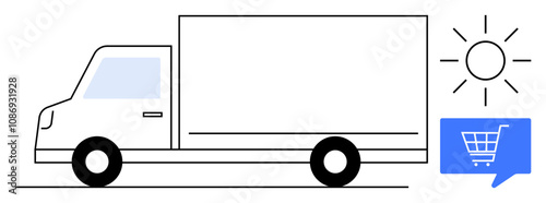 Delivery truck driving with a shopping cart icon and a sun. Ideal for e-commerce, online shopping, delivery services, logistics, transportation, shipping, and supply chain visualizations. Line