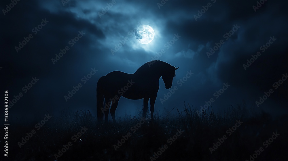 Silhouette of a horse under a full moon on a misty night, surrounded by clouds Silhouette of a horse under a full moon on a misty night, surrounded by clouds