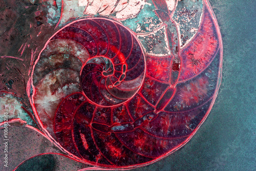 Obraz na płótnie abstract photo of a cut stone with a red ammonite texture with a golden section close-up w salonie