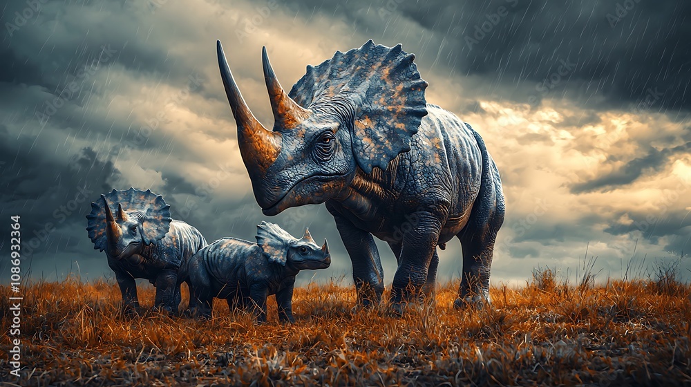 Fototapeta premium Triceratops Family in a Storm A Dramatic Digital Painting of Prehistoric Creatures.