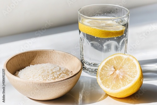 Glass of water with lemon, rice in bowl, sunlight