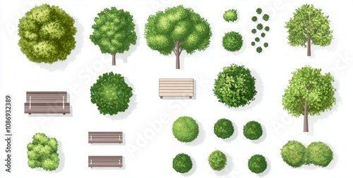 Park Design Elements - Trees, Bushes, and Benches
