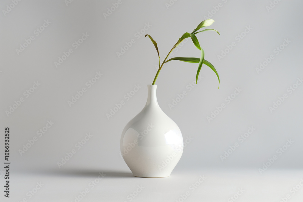 A simple, modern white vase with a single green stem on a plain background. A simple, modern white vase with a single green stem on a plain background.