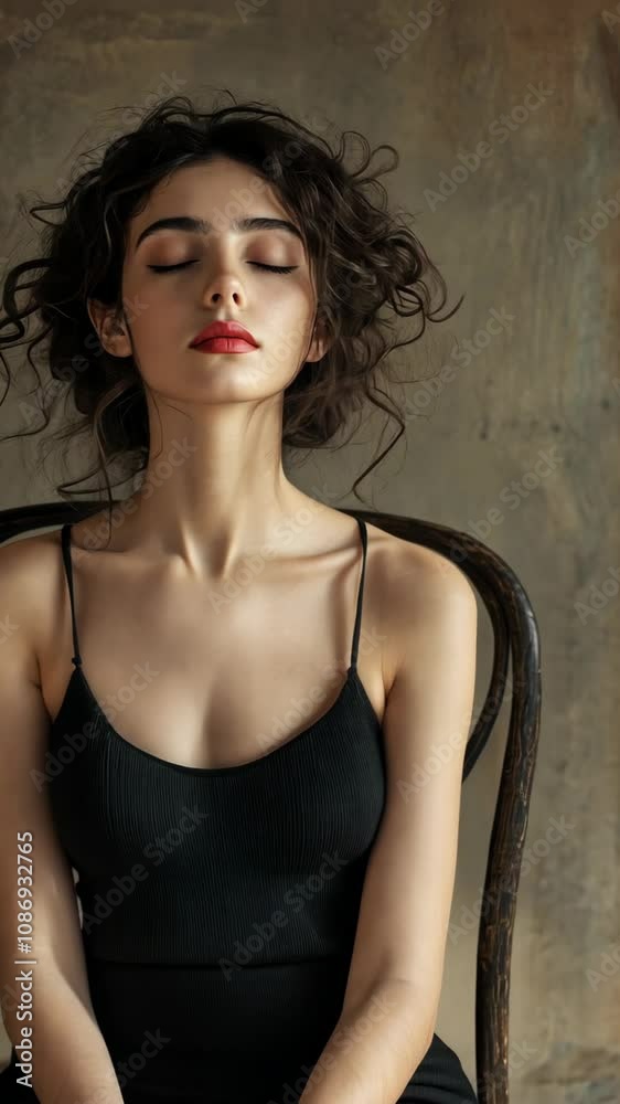 A woman with dark, curly hair rests in a chair A woman with dark, curly hair rests in a chair