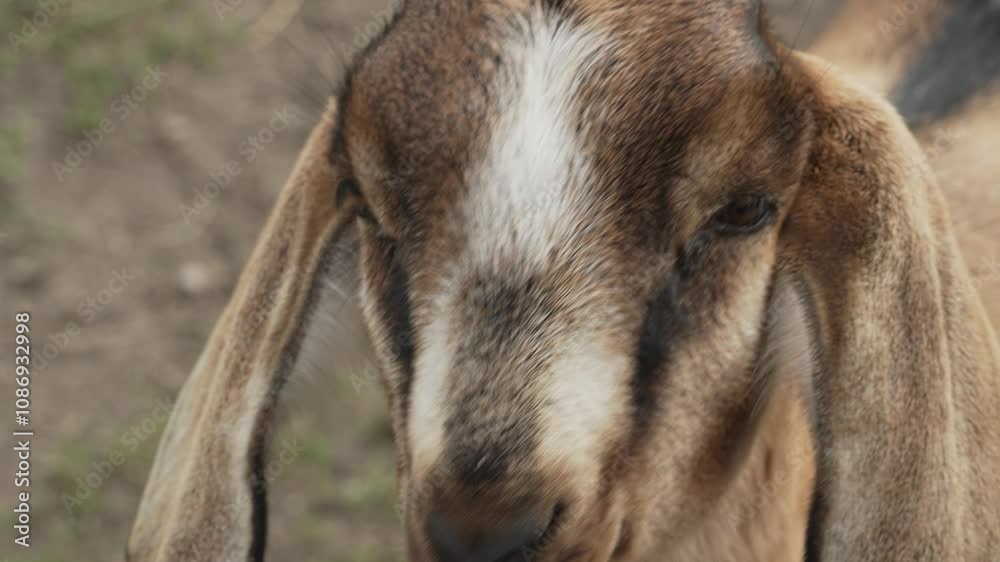 Muzzle of an oar eared goat close up. Hoofed animal goat. Bearded goats are feeding and grazing Muzzle of an oar eared goat close up. Hoofed animal goat. Bearded goats are feeding and grazing
