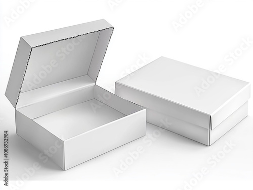 Blank white flat square gift box with open and closed hinged flap lid on white background. Clipping path around box mock-up. Open cardboard box top view isolated, Open and closed white box mockup. 