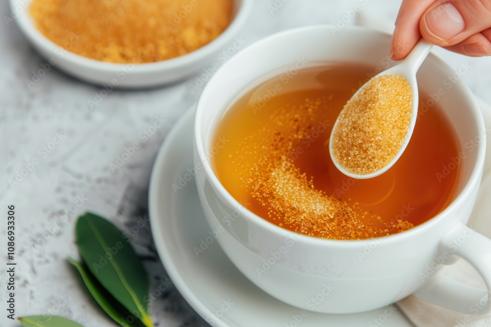 Brown sugar vegan powder on tea A warm cup of tea being sweetened with brown sugar, accompanied by a bowl of sugar, set against a light background. Brown sugar vegan powder on tea A warm cup of tea being sweetened with brown sugar, accompanied by a bowl of sugar, set against a light background.
