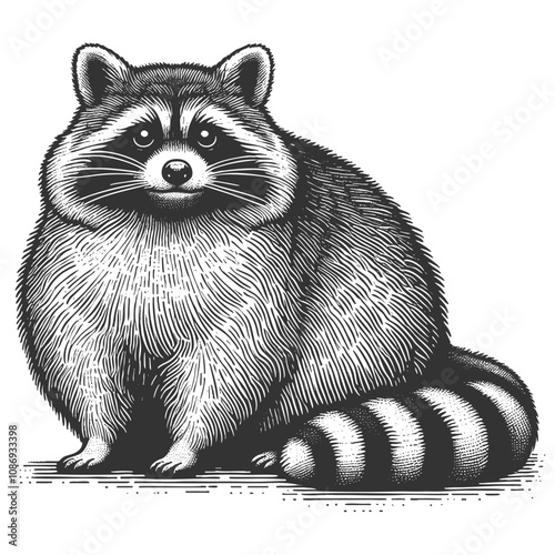 chubby raccoon with detailed fur and striped tail, showcasing its charming and playful nature sketch engraving generative ai vector illustration. Scratch board imitation. Black and white image.
