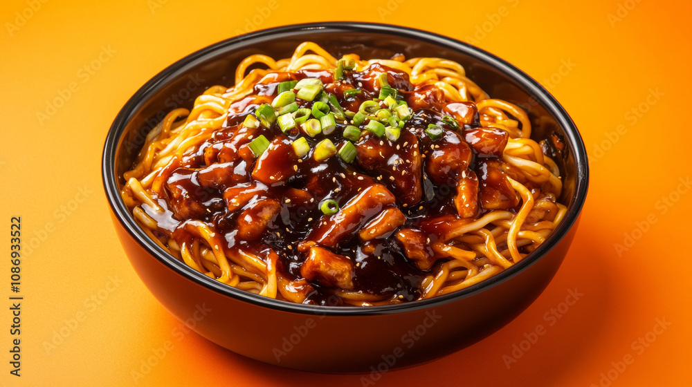 Delicious Jjajangmyeon noodles yummy carbohydrate ramen soy sauce meat veggies egg fresh orange background. food photography advertising fashion restaurant cuisine gourmet wallpaper Delicious Jjajangmyeon noodles yummy carbohydrate ramen soy sauce meat veggies egg fresh orange background. food photography advertising fashion restaurant cuisine gourmet wallpaper