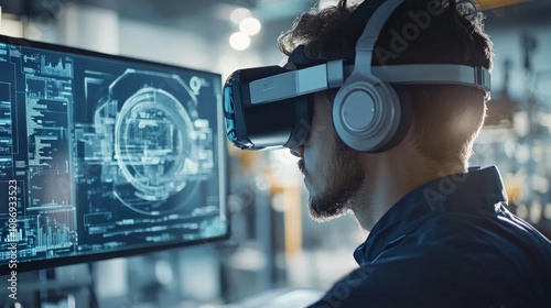 Virtual reality experience immersive technology modern workspace digital interaction high-tech environment close-up view innovation