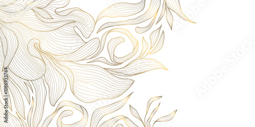 Vector gold and white line floral background, luxury leaves plant pattern. Art foliage, blossom texture ornament, vintage tropical banner.
