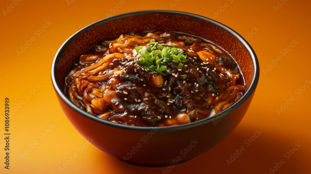 Delicious Jjajangmyeon noodles yummy carbohydrate ramen soy sauce meat veggies egg fresh orange background. food photography advertising fashion restaurant cuisine gourmet wallpaper Delicious Jjajangmyeon noodles yummy carbohydrate ramen soy sauce meat veggies egg fresh orange background. food photography advertising fashion restaurant cuisine gourmet wallpaper