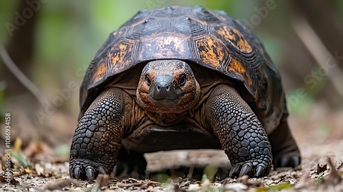 Majestic Angulate Tortoise (Astrochelys yniphora) Walking Through Forest Undergrowth. This striking image showcases a rare and endangered Angulate Tortoise in its natural habitat. photo