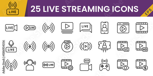 Live streaming icon set, vector, in line style, for entertainment, content creation, gaming, graphic design, etc.