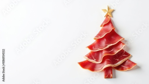 Prosciutto slices arranged in a Christmas tree shape, isolated on white background with copy space, for gourmet food and deli business, for greeting card, invitation, postcard, banner, poster