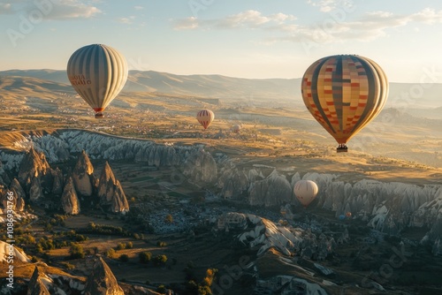 Aerial view of a hot air balloon festival on mountainous terrain during a summer travel and vacation concept.